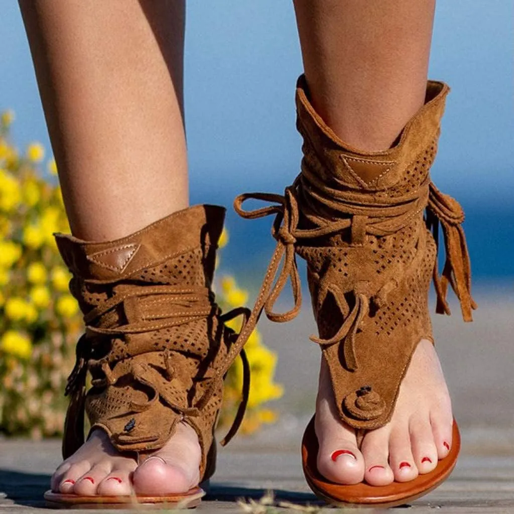 Casual Tassel Sandals for Women, Retro Bohemian Gladiator Fringe Flat Flip-Flops Beach Sandals, T-Strap Roman Open-Toe Shoes