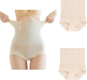 CB 2-Pack Women's Ice Silk Invisible High-Waisted Tummy Control Stripe Shapewear Panties Body Shaper Underwear,