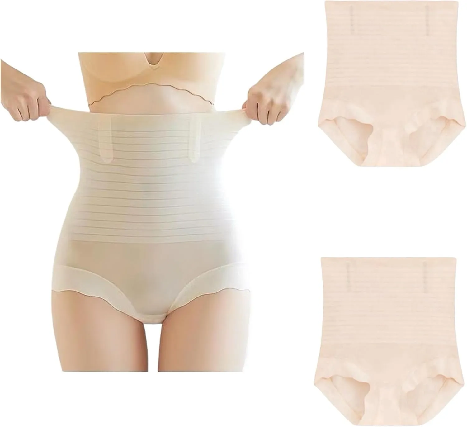 CB 2-Pack Women's Ice Silk Invisible High-Waisted Tummy Control Stripe Shapewear Panties Body Shaper Underwear,
