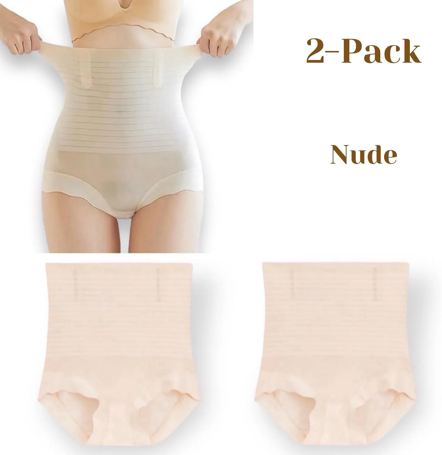 CB 2-Pack Women's Ice Silk Invisible High-Waisted Tummy Control Stripe Shapewear Panties Body Shaper Underwear,