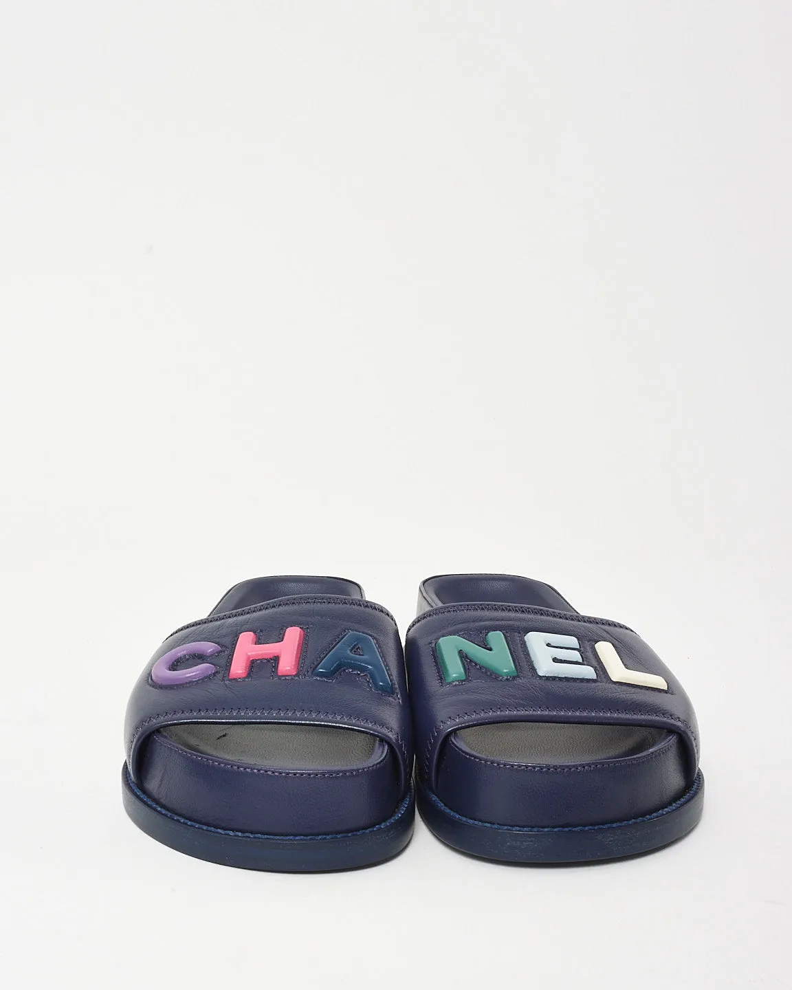 Chanel Navy Leather Multi CHA-NEL Mule Sandals - 37