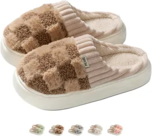 Checkered Slippers for Women Men Indoor Comfy Plaid House Slides Shoes Checkerboard Fuzzy Plush Winter Warm Slippers Slip On Bedroom Slippers Cozy Non-Slip Home Slippers