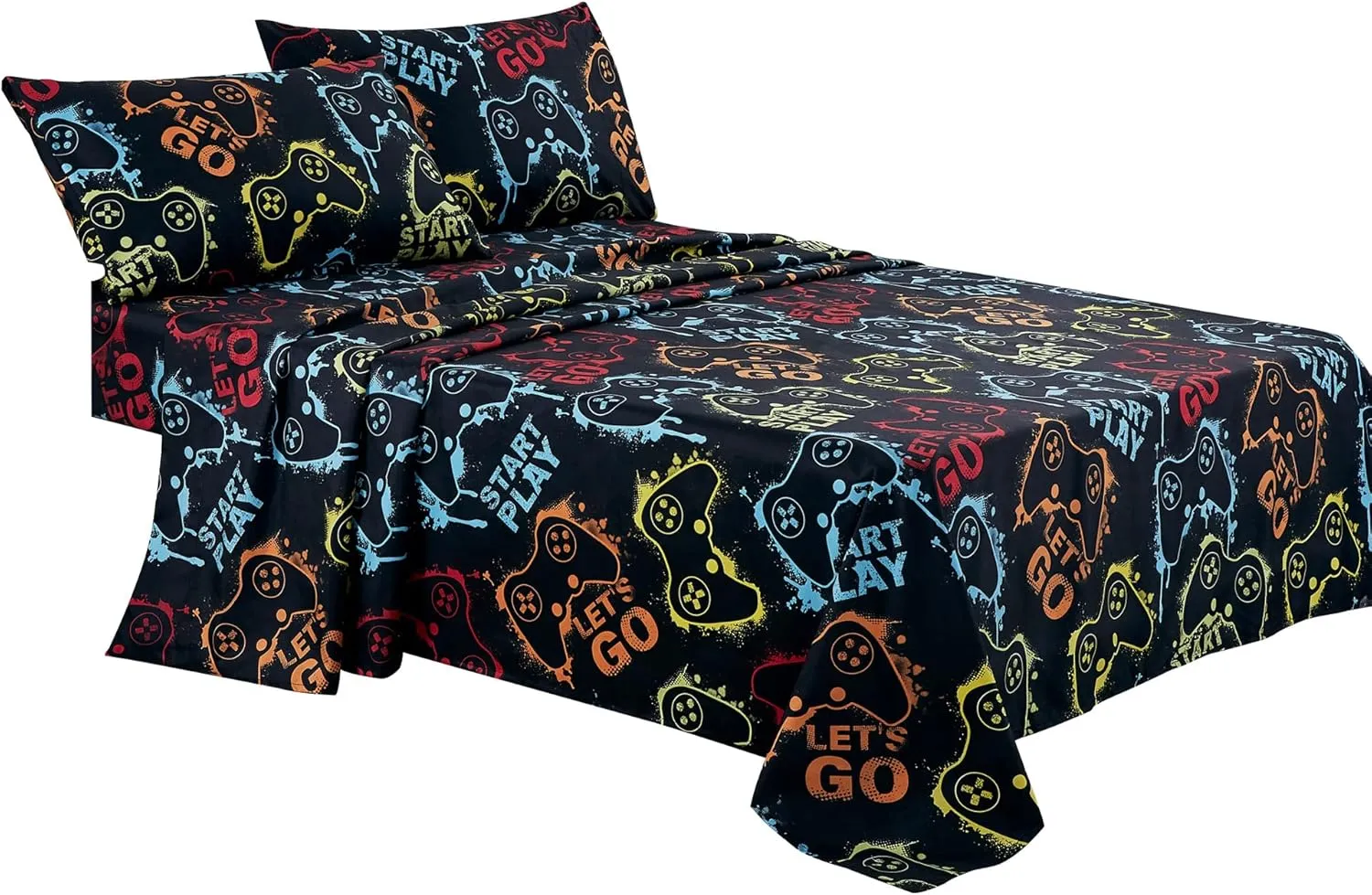 Chezmoi Collection 4-Piece Kids/Teens Gamer Sheet Set - Soft Microfiber Multi-Color Video Games Gamepad Whimsical Fun Kids Sheets, Full Size