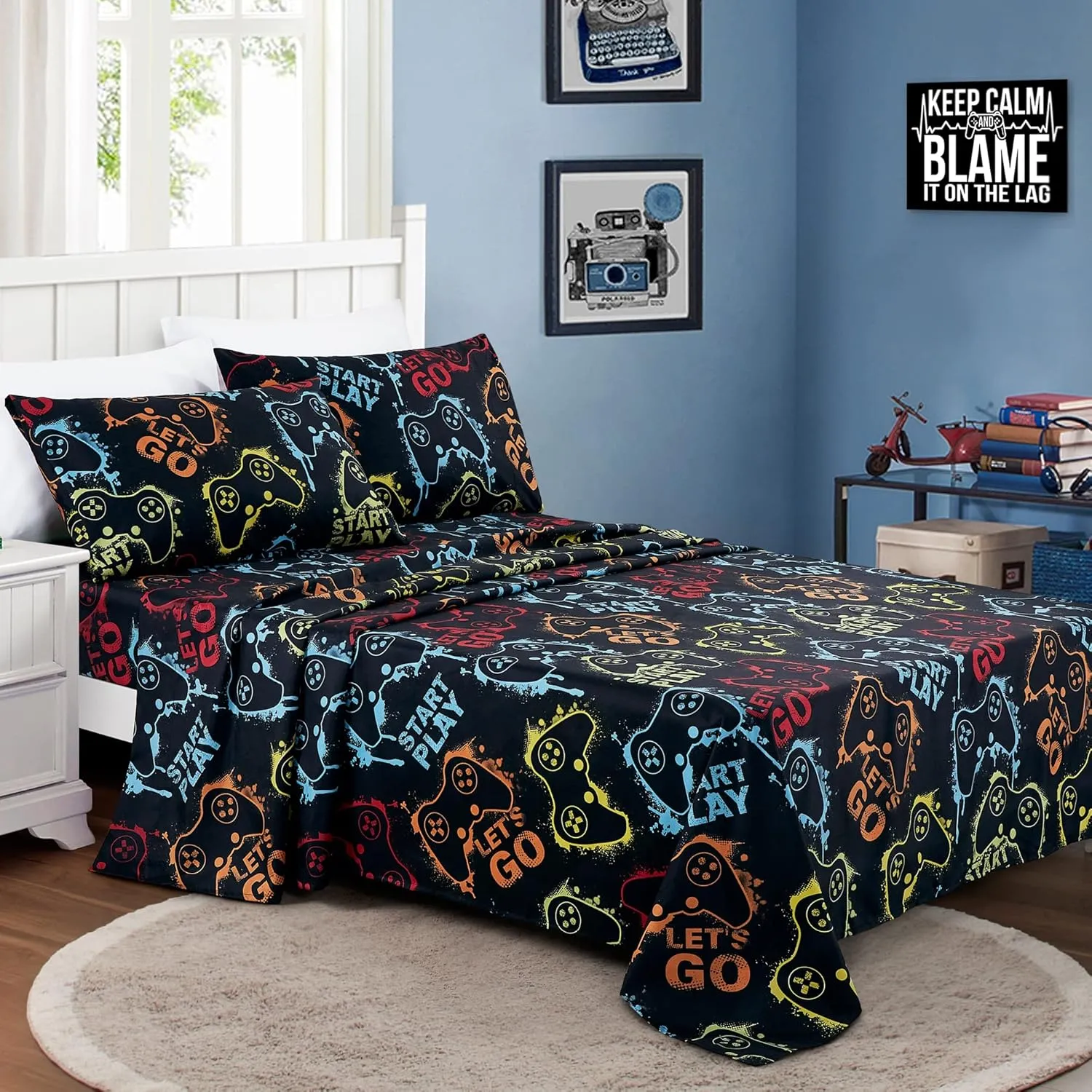 Chezmoi Collection 4-Piece Kids/Teens Gamer Sheet Set - Soft Microfiber Multi-Color Video Games Gamepad Whimsical Fun Kids Sheets, Full Size