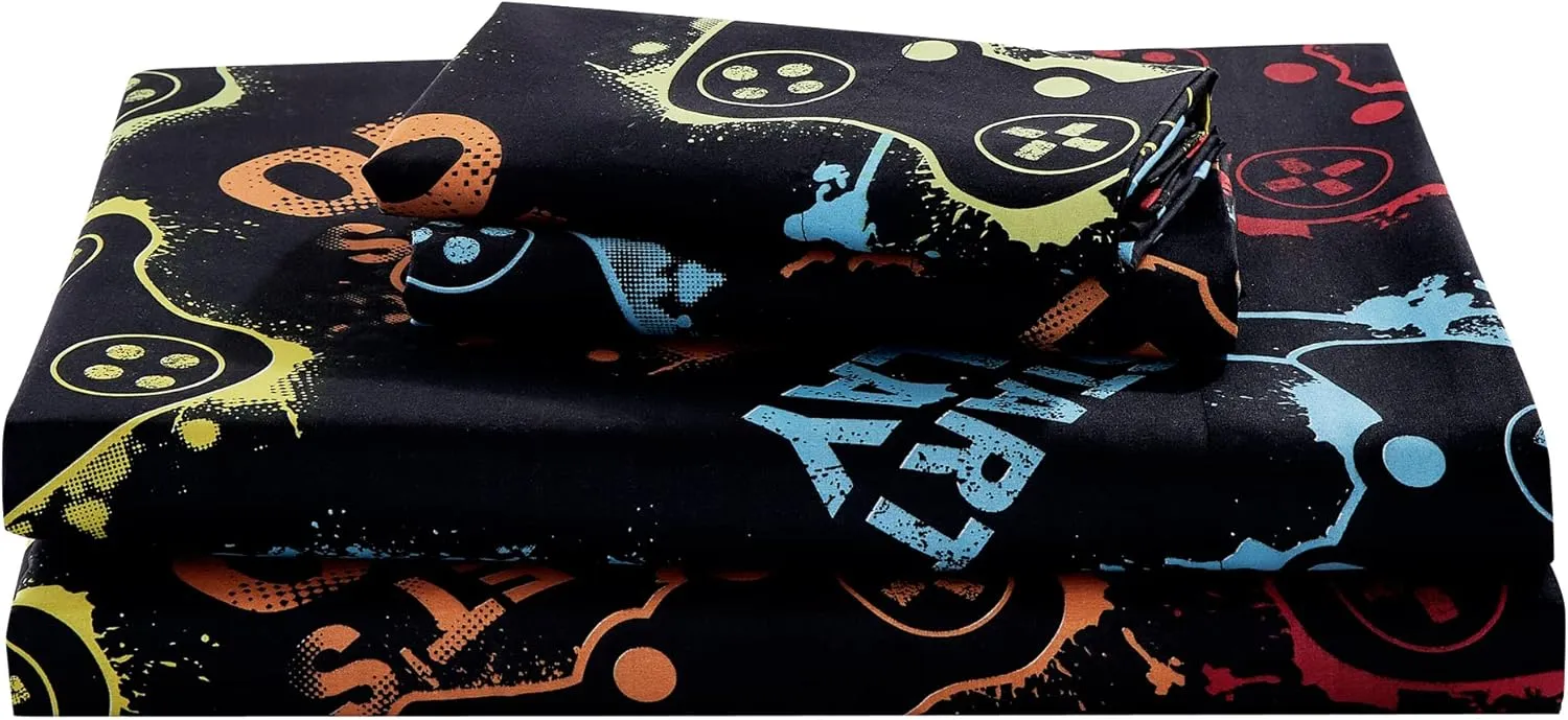 Chezmoi Collection 4-Piece Kids/Teens Gamer Sheet Set - Soft Microfiber Multi-Color Video Games Gamepad Whimsical Fun Kids Sheets, Full Size