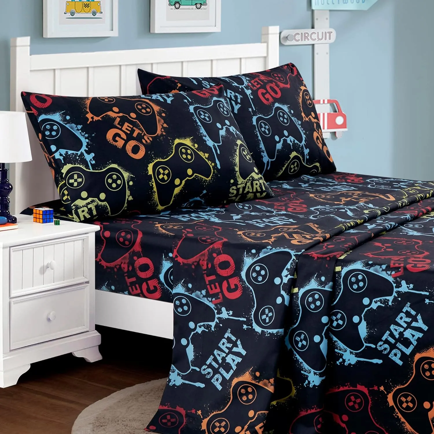 Chezmoi Collection 4-Piece Kids/Teens Gamer Sheet Set - Soft Microfiber Multi-Color Video Games Gamepad Whimsical Fun Kids Sheets, Full Size