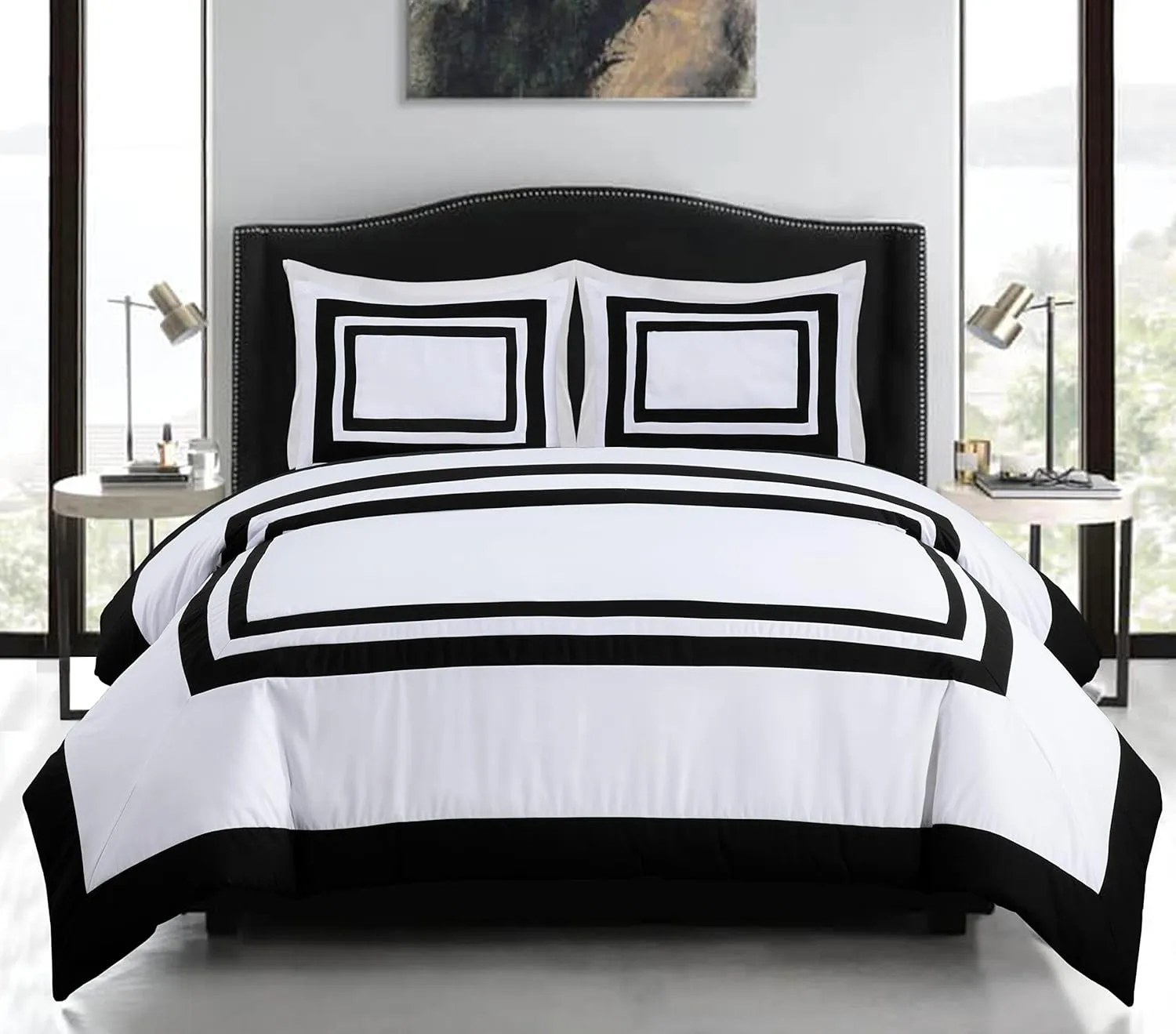 Chezmoi Collection Wyatt 7-Piece Queen Bed in a Bag Comforter Set - Hotel Style Bedding with Sheet Set - White/Black Square Pattern