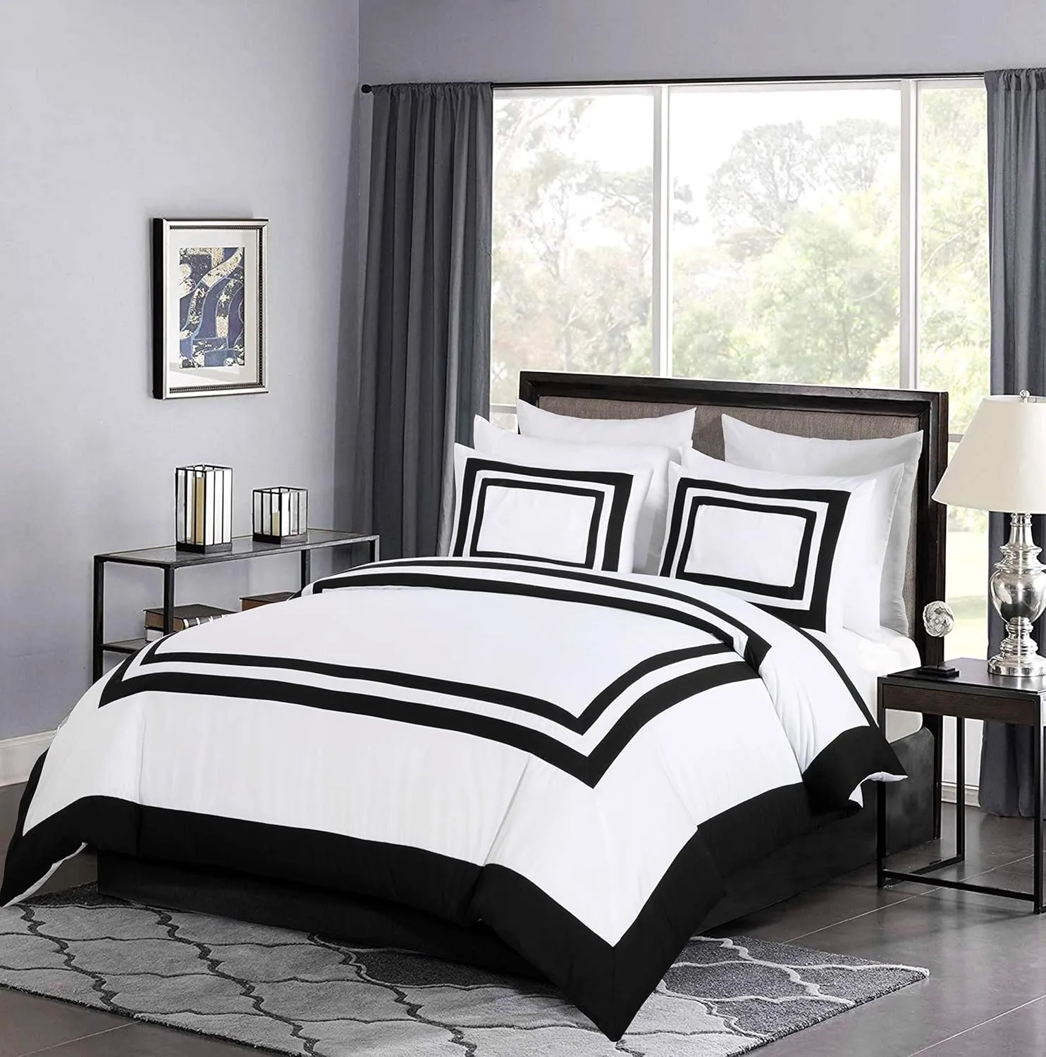Chezmoi Collection Wyatt 7-Piece Queen Bed in a Bag Comforter Set - Hotel Style Bedding with Sheet Set - White/Black Square Pattern