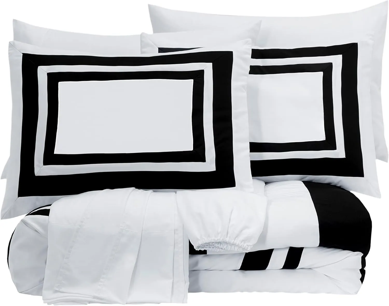Chezmoi Collection Wyatt 7-Piece Queen Bed in a Bag Comforter Set - Hotel Style Bedding with Sheet Set - White/Black Square Pattern