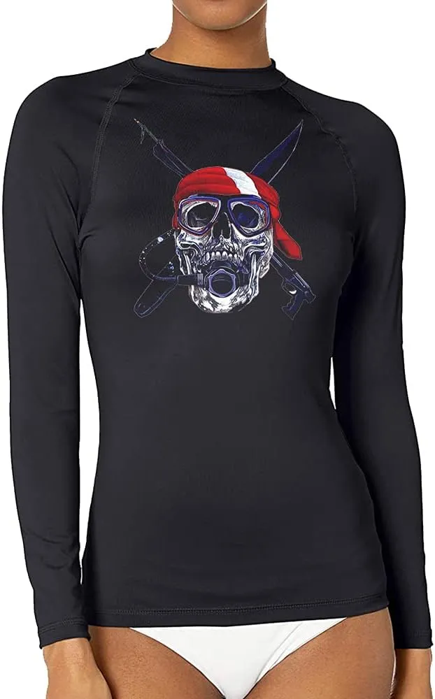 CHOO Women's Pirate Skull Uv-Protected Sports Fitted Shirt Skin Tee for Fishing, Large