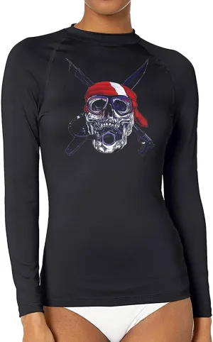 CHOO Women's Pirate Skull Uv-Protected Sports Fitted Shirt Skin Tee for Fishing, Large