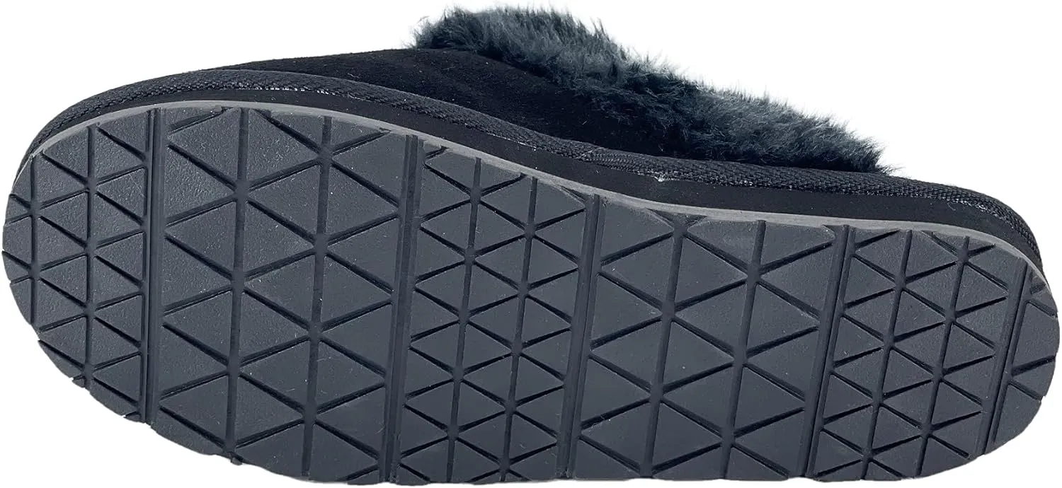 Clarks Womens Open Back Suede Leather Comfort Clog Slipper JMS0583C - Plush Faux Fur Trim - Indoor Outdoor House Slippers For Women
