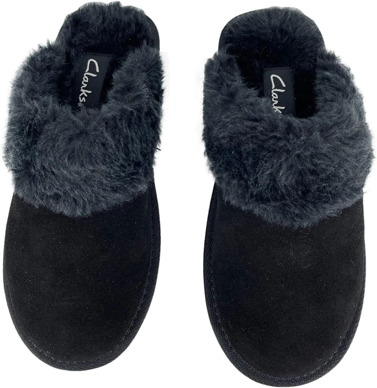 Clarks Womens Open Back Suede Leather Comfort Clog Slipper JMS0583C - Plush Faux Fur Trim - Indoor Outdoor House Slippers For Women