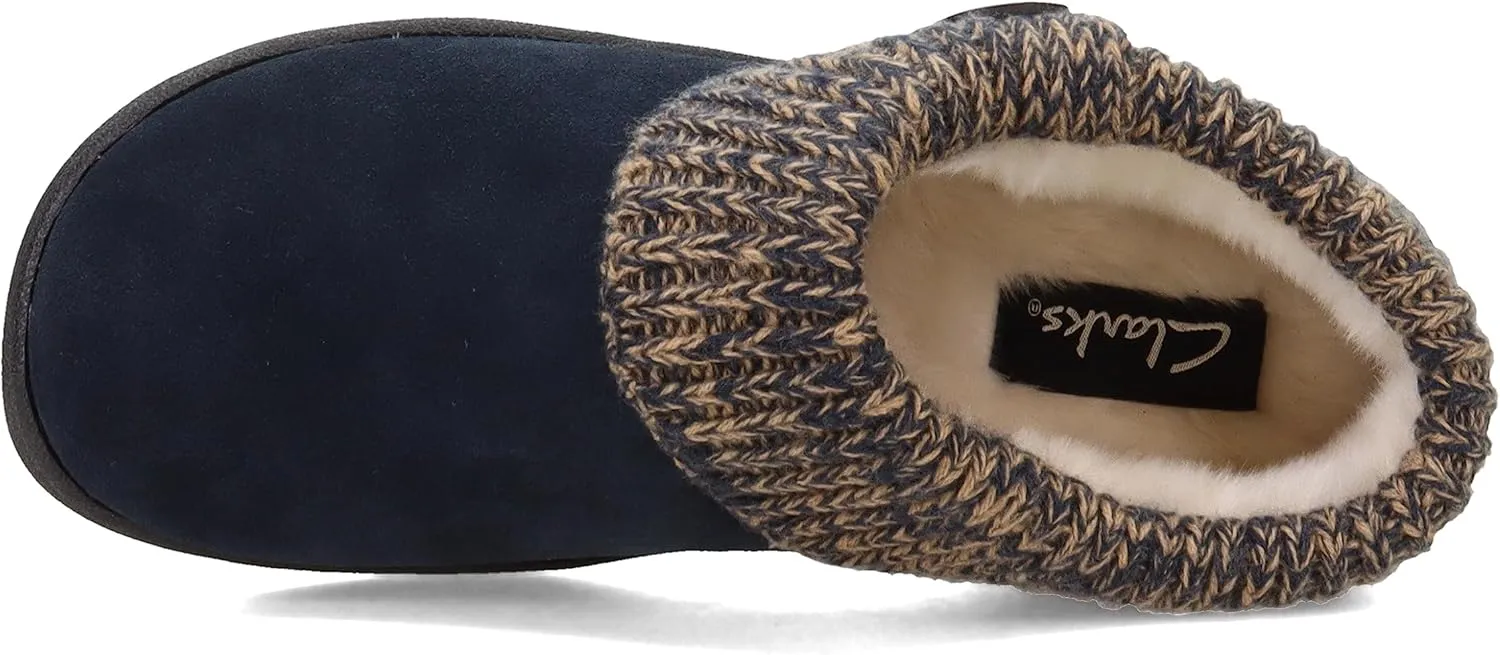 Clarks Womens Slipper Suede Leather Knitted Collar Clog Slippers - Plush Faux Fur Lining