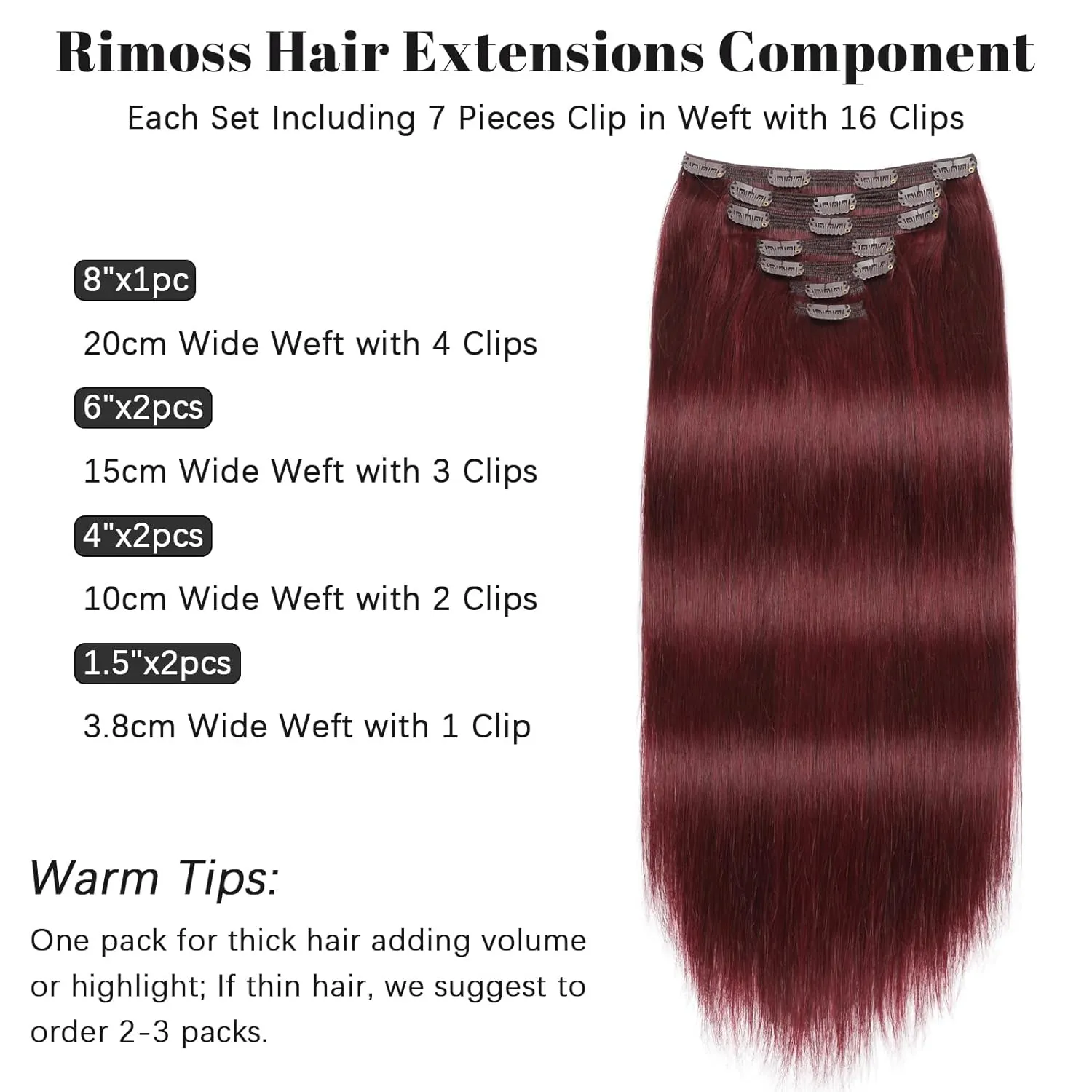 Clip in Hair Extensions Real Human Hair - 150g 18 Inch 7pcs, Burgundy Red Color - Premium Soft Human Hair Clip in Extensions Straight Double Weft for Women (#99J 18 Inch)