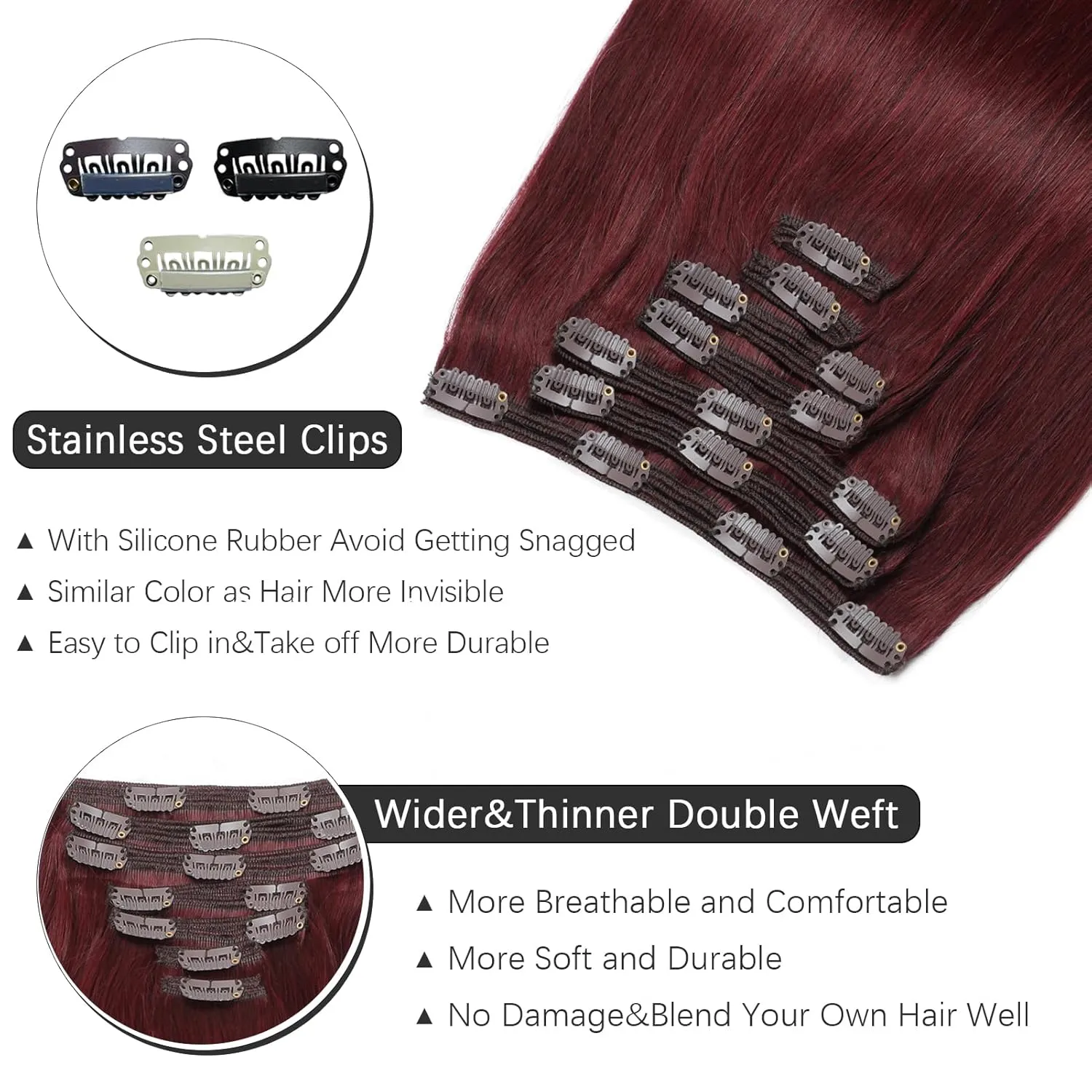 Clip in Hair Extensions Real Human Hair - 150g 18 Inch 7pcs, Burgundy Red Color - Premium Soft Human Hair Clip in Extensions Straight Double Weft for Women (#99J 18 Inch)