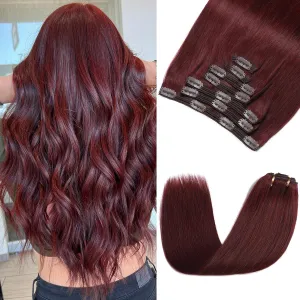 Clip in Hair Extensions Real Human Hair - 150g 18 Inch 7pcs, Burgundy Red Color - Premium Soft Human Hair Clip in Extensions Straight Double Weft for Women (#99J 18 Inch)