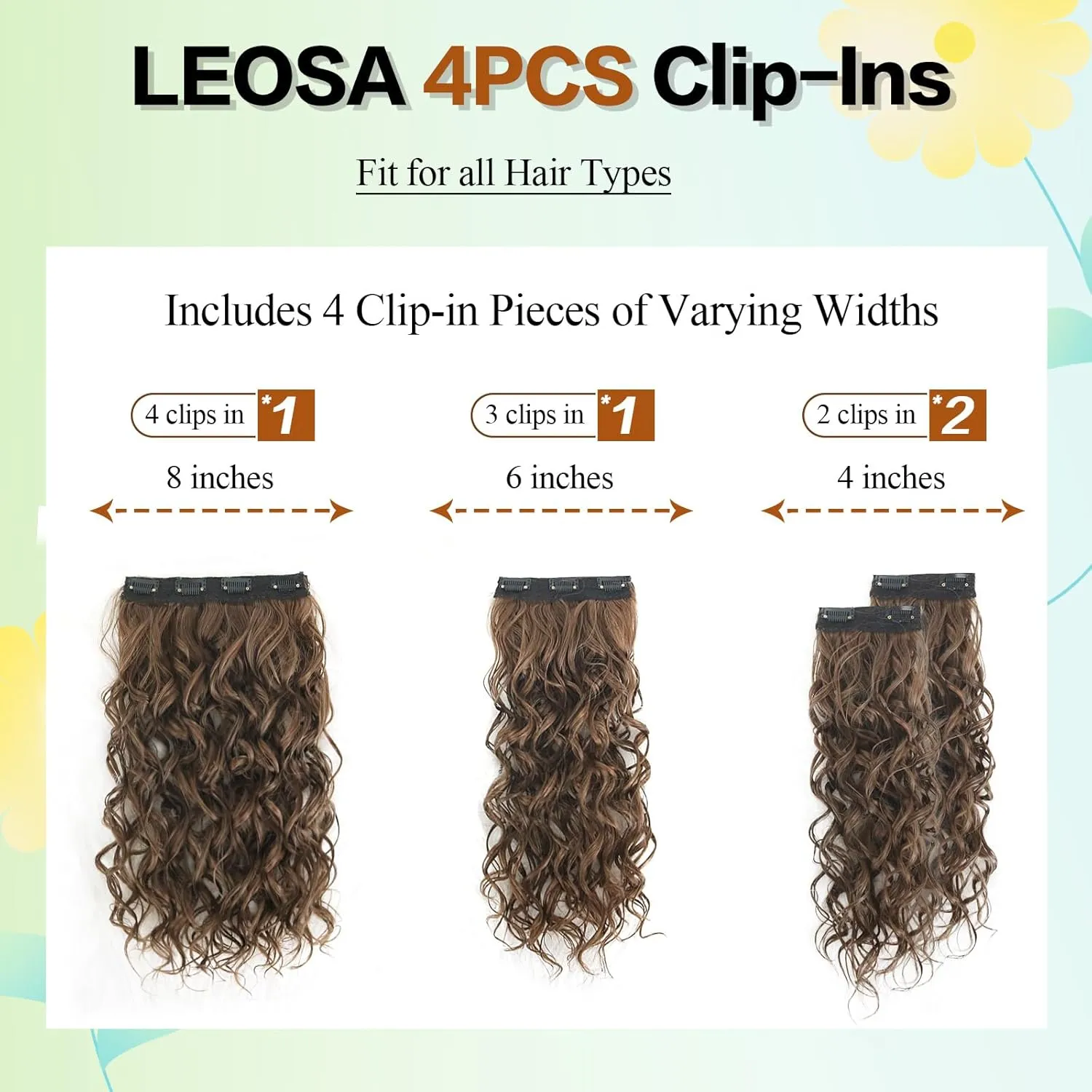 Clip in Hair Extensions,LEOSA 4PCS 16 inch Curly Hair Extensions Short Soft Natural Hairpiece Lace Weft Curly Wave Clip Ins Extensions Invisible for Women,Dark Almond brown