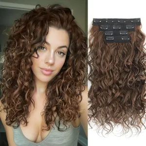Clip in Hair Extensions,LEOSA 4PCS 16 inch Curly Hair Extensions Short Soft Natural Hairpiece Lace Weft Curly Wave Clip Ins Extensions Invisible for Women,Dark Almond brown