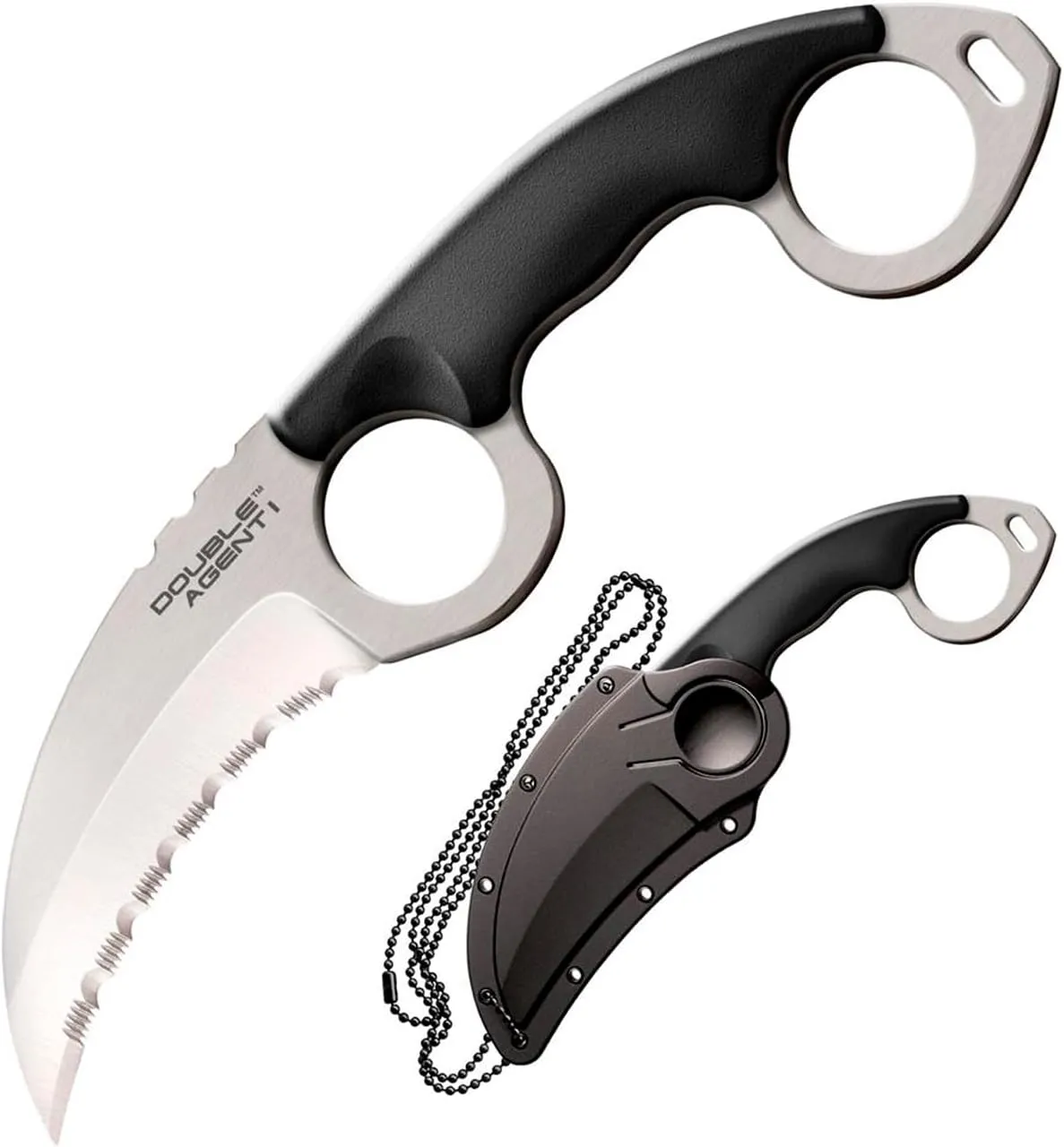 Cold Steel Double Agent Durable Lightweight Japanese AUS8A Steel Karambit Shape 3" Fixed Blade Tactical Outdoor Hunting Knife, Kray-Ex Handle, Secure-Ex Sheath