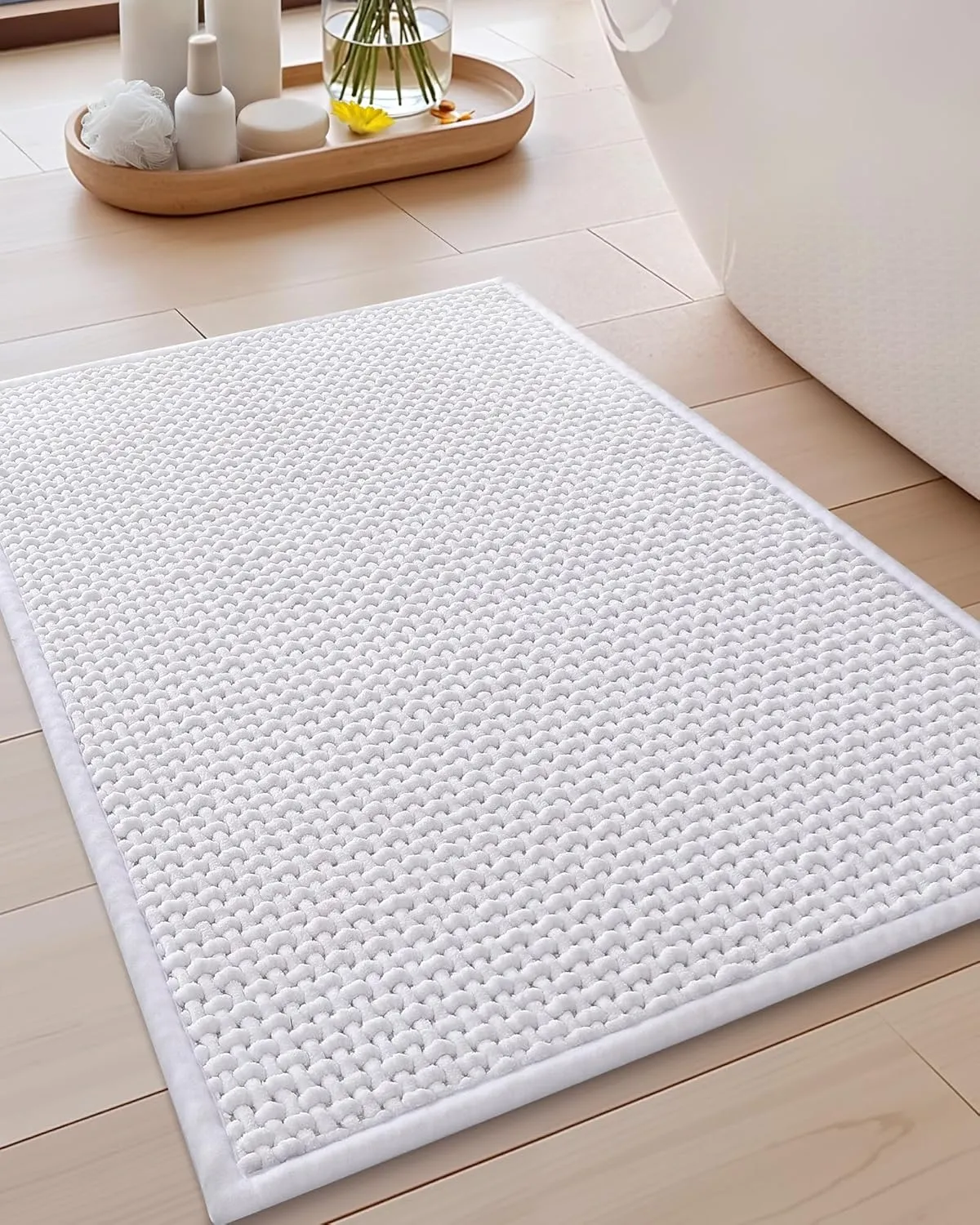 Color&Geometry Chenille Rubber Backed White Bathroom Runner- Non Slip, Absorbent, Quick Dry, Washable- 17"x47" Long Bathroom Rugs Bath Runner
