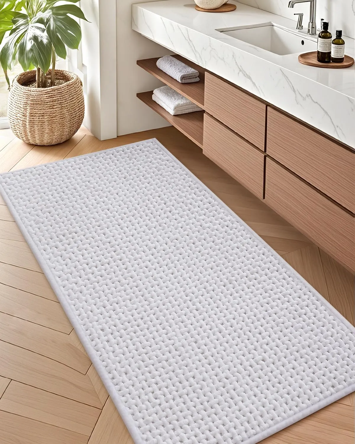 Color&Geometry Chenille Rubber Backed White Bathroom Runner- Non Slip, Absorbent, Quick Dry, Washable- 17"x47" Long Bathroom Rugs Bath Runner