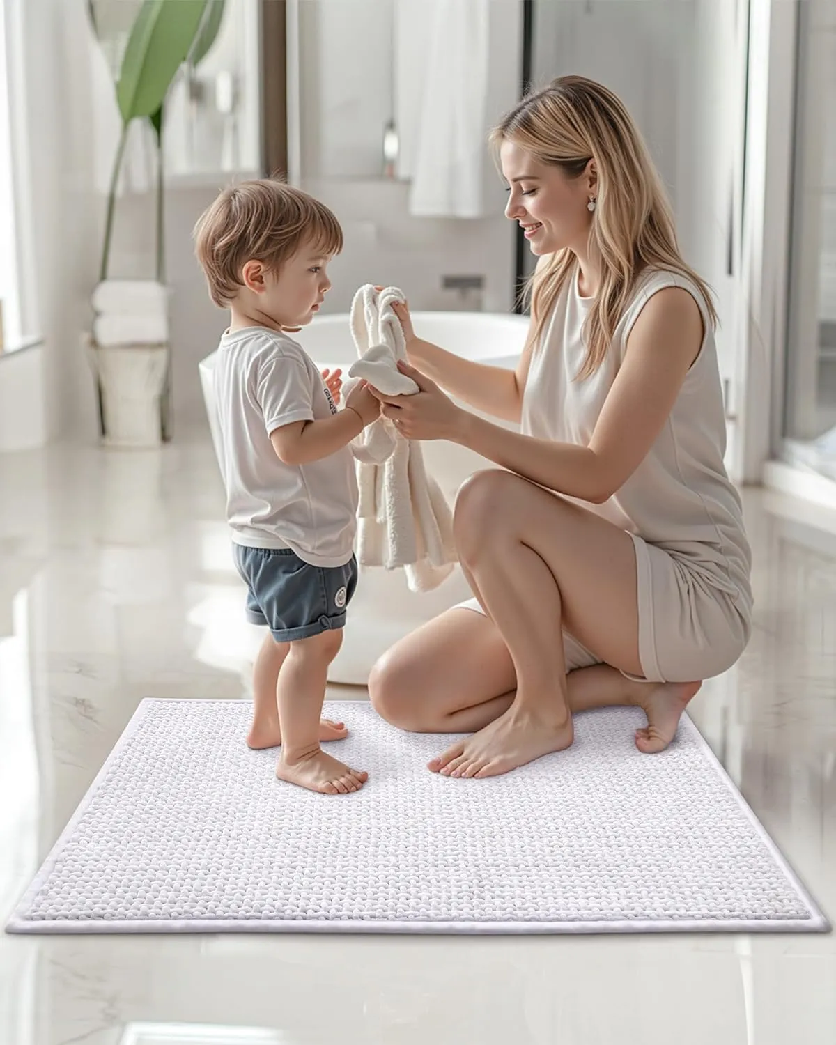 Color&Geometry Chenille Rubber Backed White Bathroom Runner- Non Slip, Absorbent, Quick Dry, Washable- 17"x47" Long Bathroom Rugs Bath Runner
