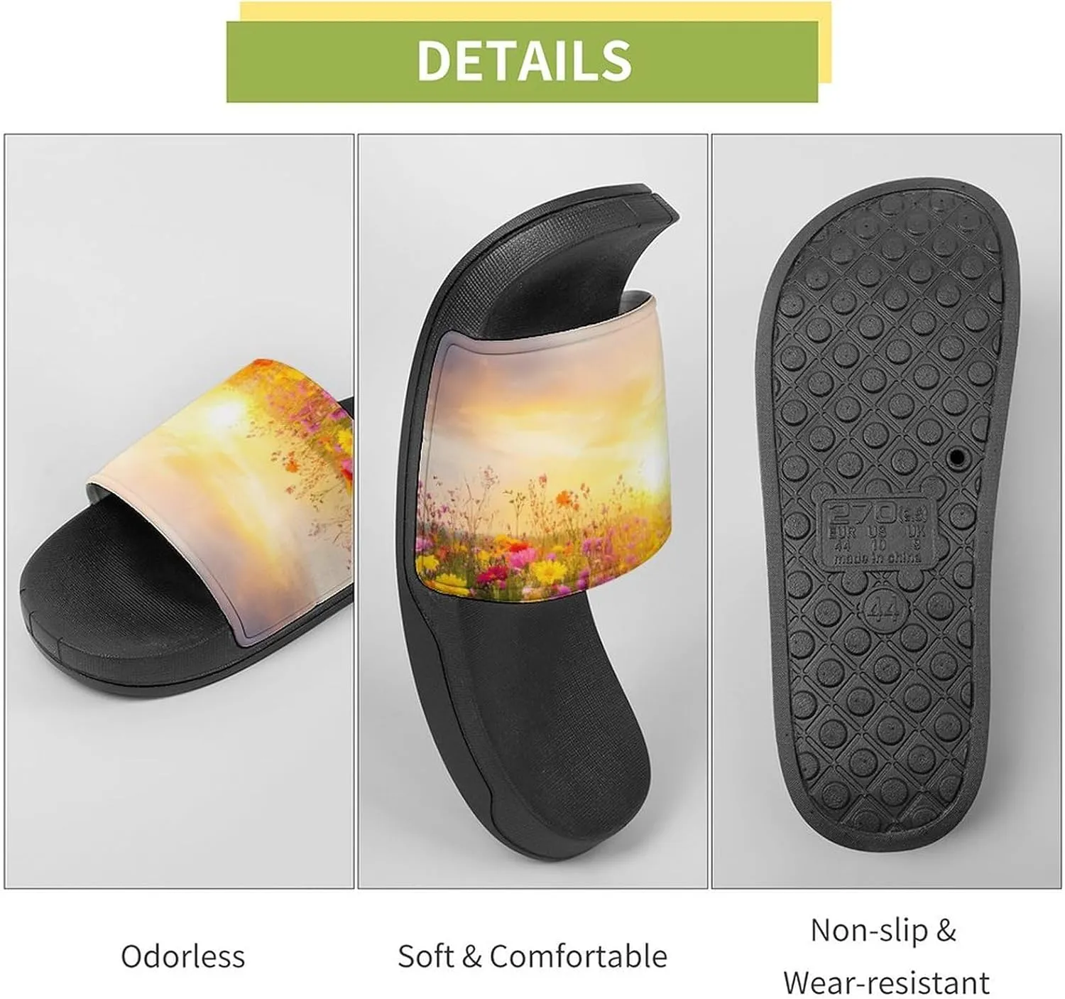 Colorful Flower Field Sunset Slippers Indoor Outdoor Unisex House Slipper Shower Slippers Non-Slip Open Toe Shoes