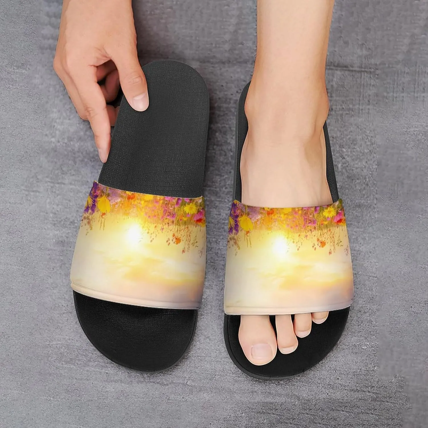 Colorful Flower Field Sunset Slippers Indoor Outdoor Unisex House Slipper Shower Slippers Non-Slip Open Toe Shoes