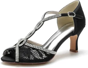 Comfortable Wedding Bridal Shoes Beaded Lace with mid Heeled Open Toe Pumps Sandals Shoes Women Dress Shoes for Wedding Woman Bride High Heels