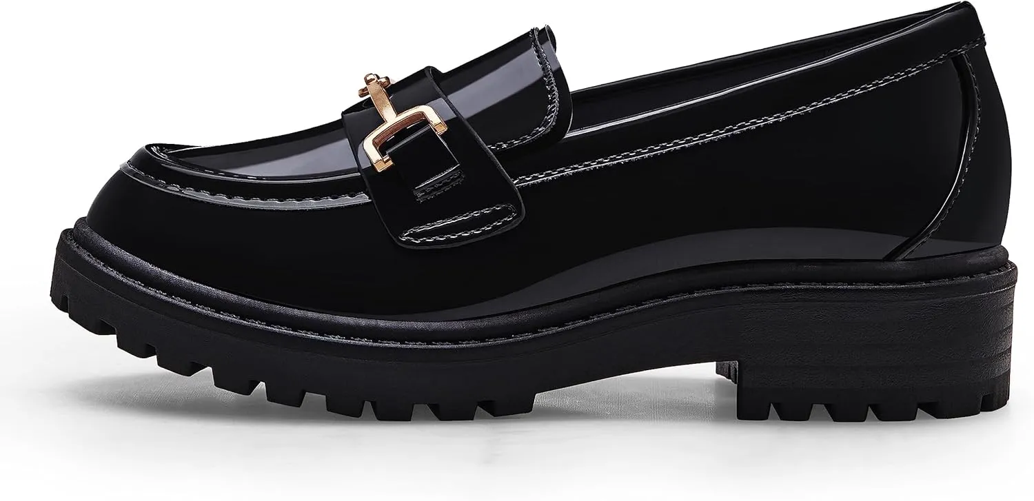 Coutgo Girl's Platform Loafers Slip On Chain Chunky Heel Leather Flats Round Toe School Uniform Dress Shoes