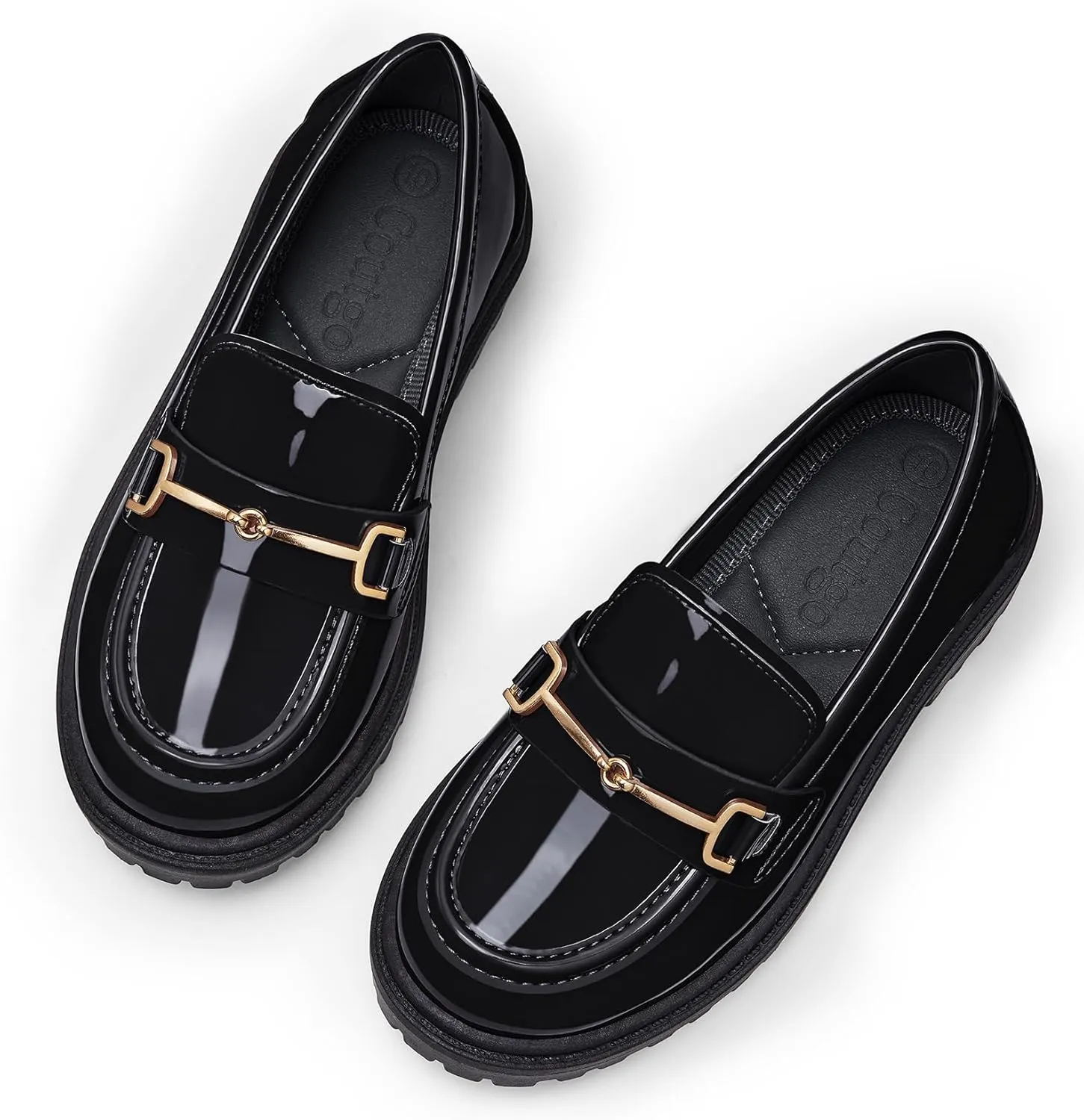 Coutgo Girl's Platform Loafers Slip On Chain Chunky Heel Leather Flats Round Toe School Uniform Dress Shoes