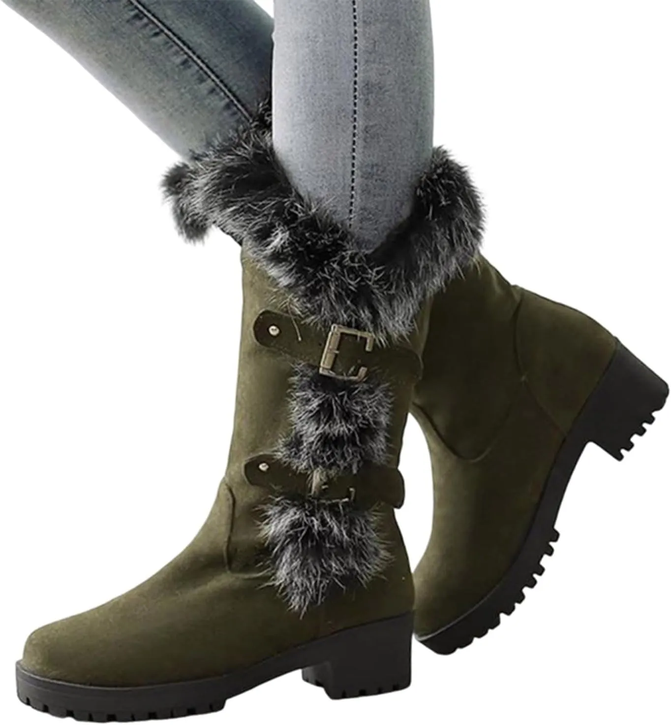 Crzidha Winter Snow Boots for Women Metal Buckle Chunky Low Heel Fashion Winterry Mid-Calf High Boot Warm Faux Winter Lined Pull On Short Boot Round Toe Casual Faux Suede Comfortable Walking Outdoor Shoes