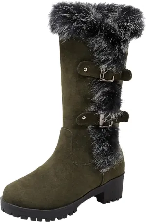 Crzidha Winter Snow Boots for Women Metal Buckle Chunky Low Heel Fashion Winterry Mid-Calf High Boot Warm Faux Winter Lined Pull On Short Boot Round Toe Casual Faux Suede Comfortable Walking Outdoor Shoes