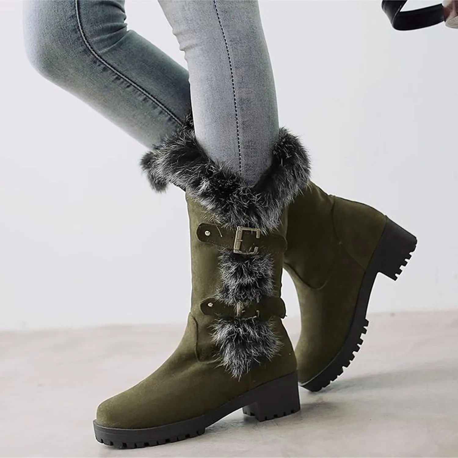 Crzidha Winter Snow Boots for Women Metal Buckle Chunky Low Heel Fashion Winterry Mid-Calf High Boot Warm Faux Winter Lined Pull On Short Boot Round Toe Casual Faux Suede Comfortable Walking Outdoor Shoes