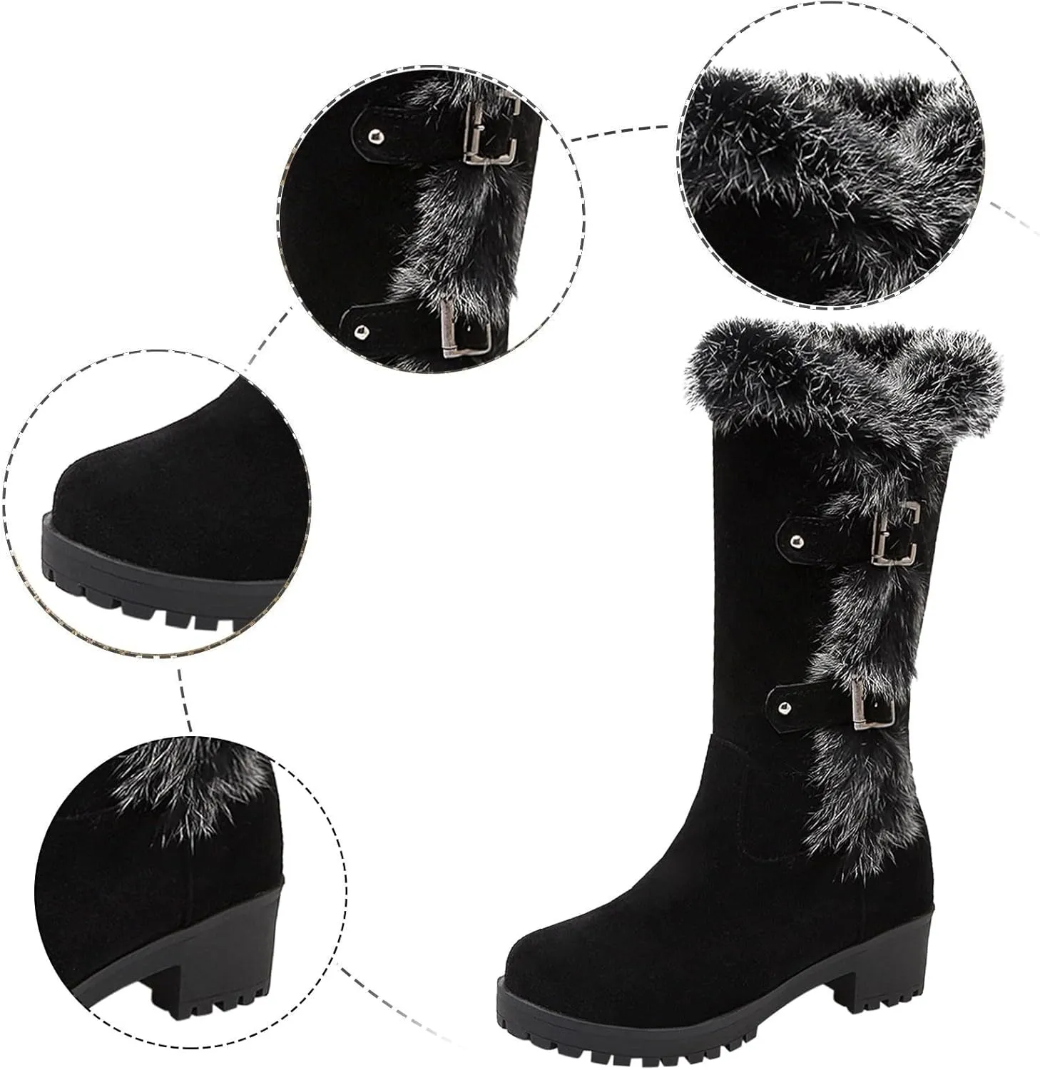 Crzidha Winter Snow Boots for Women Metal Buckle Chunky Low Heel Fashion Winterry Mid-Calf High Boot Warm Faux Winter Lined Pull On Short Boot Round Toe Casual Faux Suede Comfortable Walking Outdoor Shoes