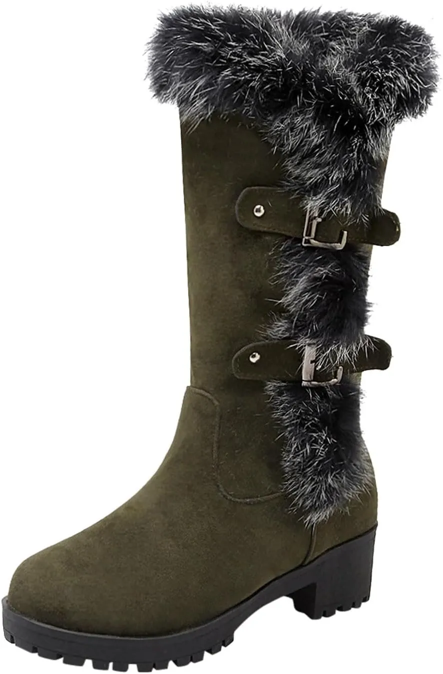 Crzidha Winter Snow Boots for Women Metal Buckle Chunky Low Heel Fashion Winterry Mid-Calf High Boot Warm Faux Winter Lined Pull On Short Boot Round Toe Casual Faux Suede Comfortable Walking Outdoor Shoes