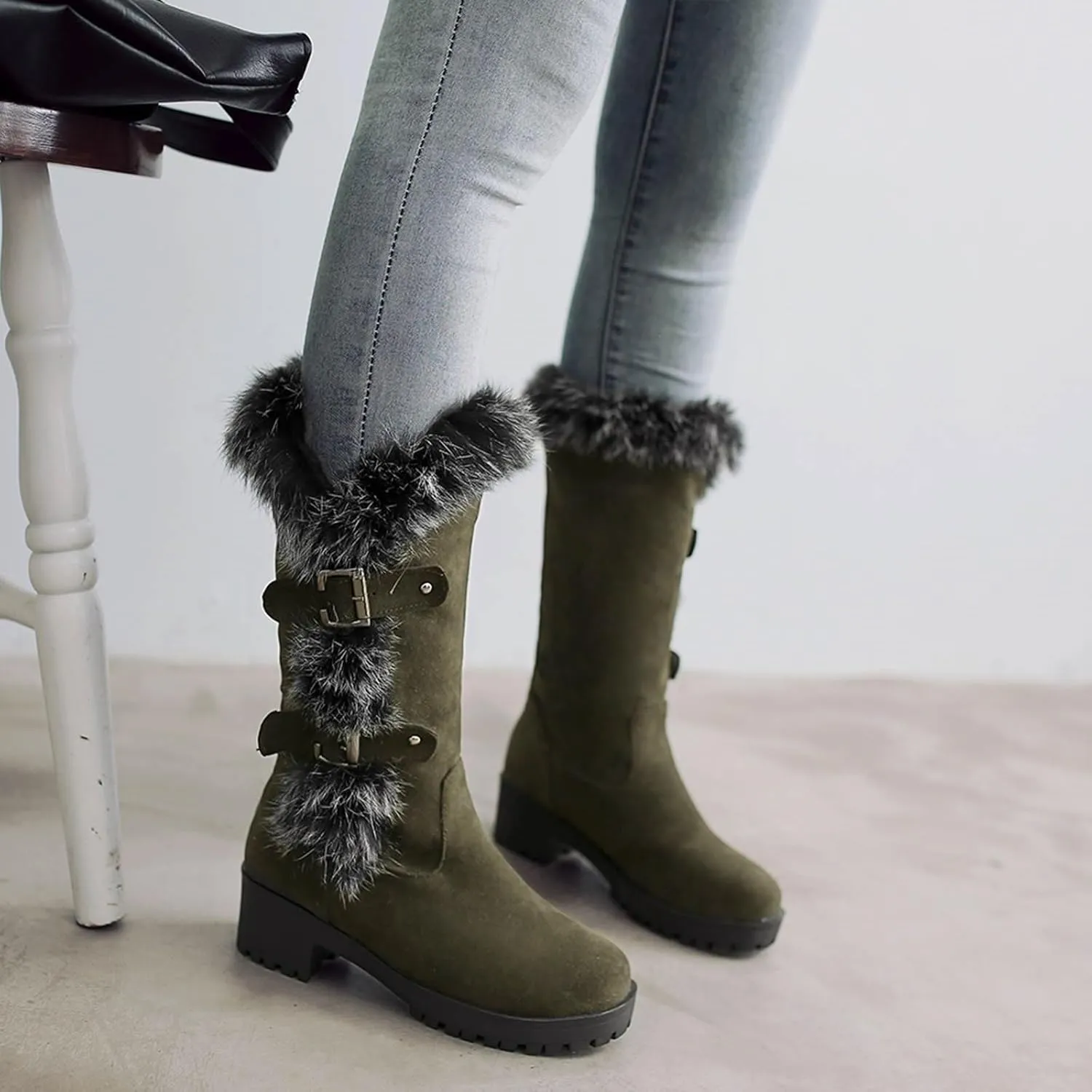 Crzidha Winter Snow Boots for Women Metal Buckle Chunky Low Heel Fashion Winterry Mid-Calf High Boot Warm Faux Winter Lined Pull On Short Boot Round Toe Casual Faux Suede Comfortable Walking Outdoor Shoes
