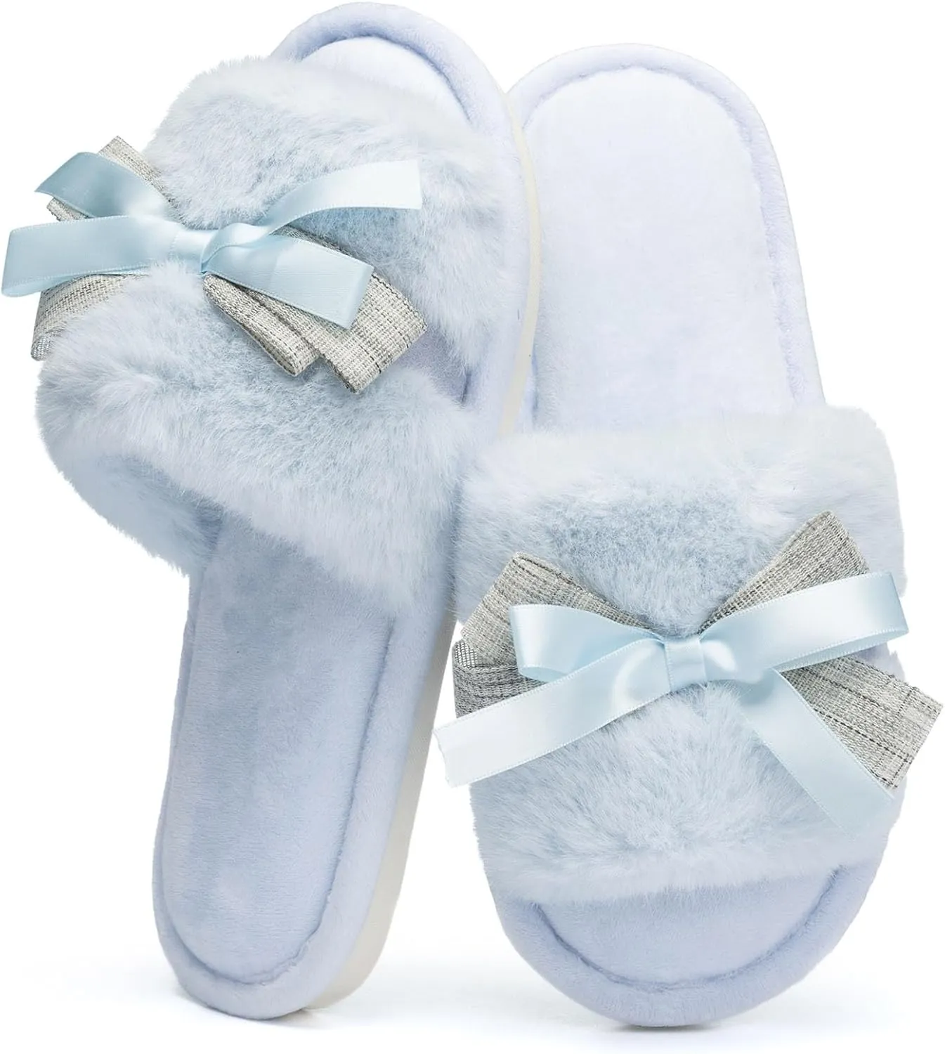 Cute Bow Slippers for Women with Memory Foam Open Toe Fuzzy House Slippers indoor outdoor Anti-Skid Soft Birthday Gifts for Women Mom