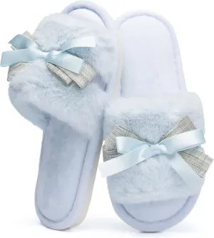 Cute Bow Slippers for Women with Memory Foam Open Toe Fuzzy House Slippers indoor outdoor Anti-Skid Soft Birthday Gifts for Women Mom
