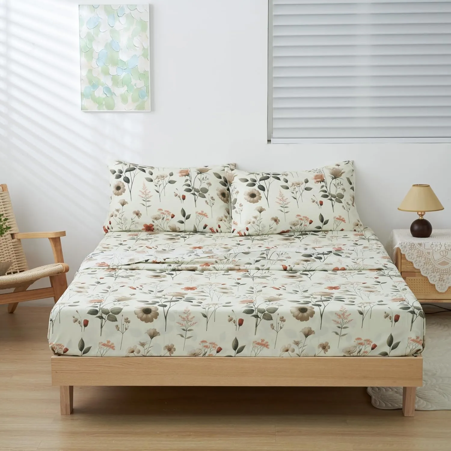 DaDa Bedding Collection Enchanted Meadow Bed Sheet Set - Floral Harmony in Beige, Rose, and Soft Green, Premium Soft Microfiber, Machine Washable, Deep Pocket 14-15 Inches   Flat Sheet (Twin)