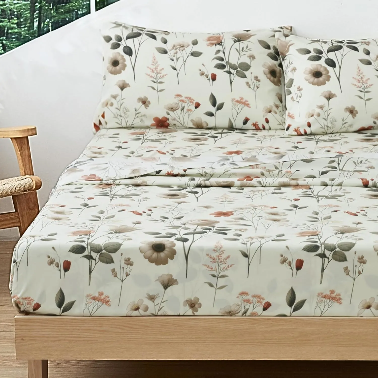 DaDa Bedding Collection Enchanted Meadow Bed Sheet Set - Floral Harmony in Beige, Rose, and Soft Green, Premium Soft Microfiber, Machine Washable, Deep Pocket 14-15 Inches   Flat Sheet (Twin)