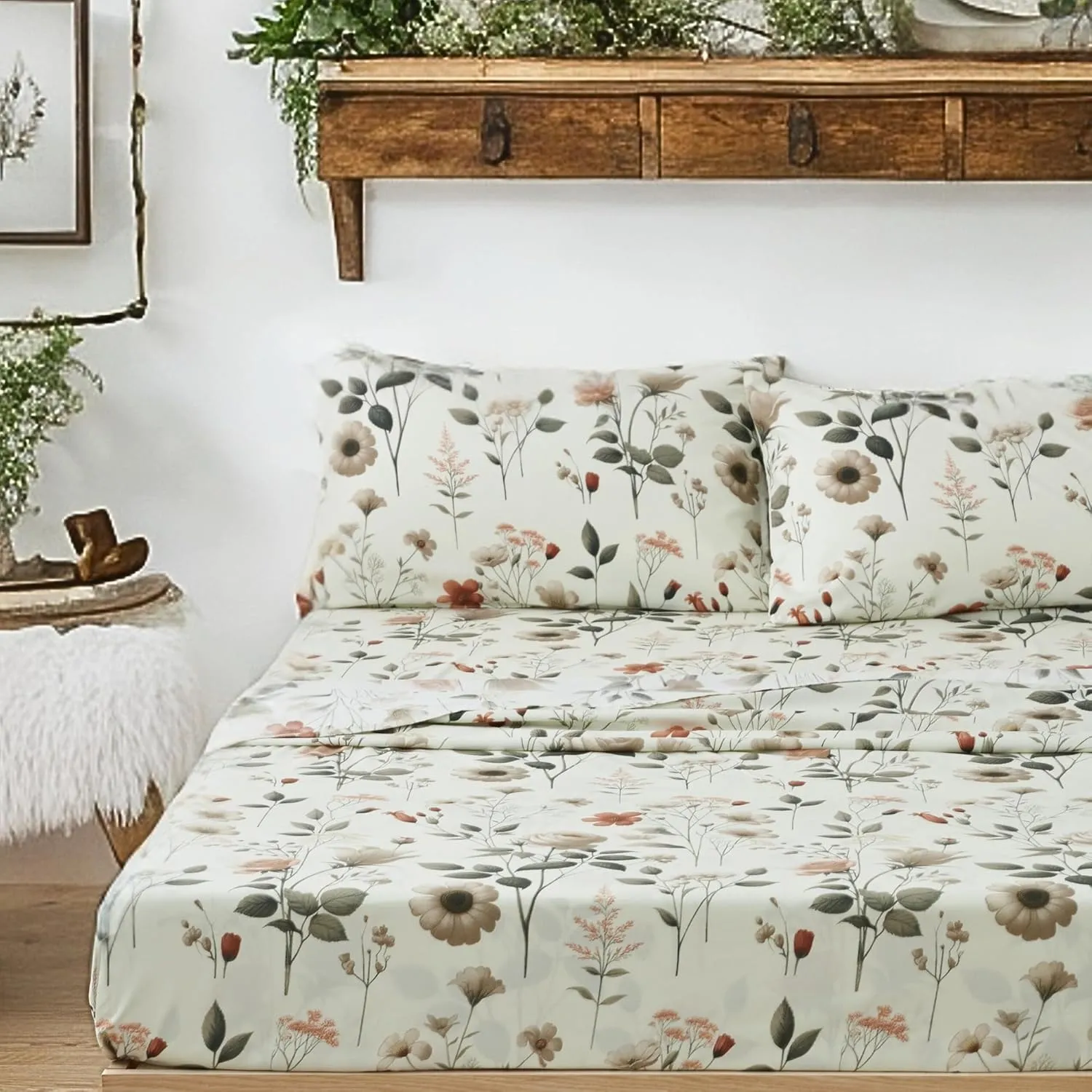 DaDa Bedding Collection Enchanted Meadow Bed Sheet Set - Floral Harmony in Beige, Rose, and Soft Green, Premium Soft Microfiber, Machine Washable, Deep Pocket 14-15 Inches   Flat Sheet (Twin)
