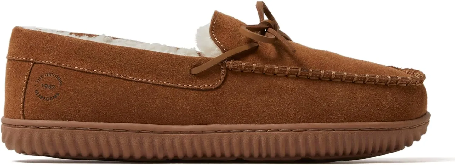 Dearfoams Men's Hudson Genuine Suede Memory Foam Moccasin Slipper with Tie
