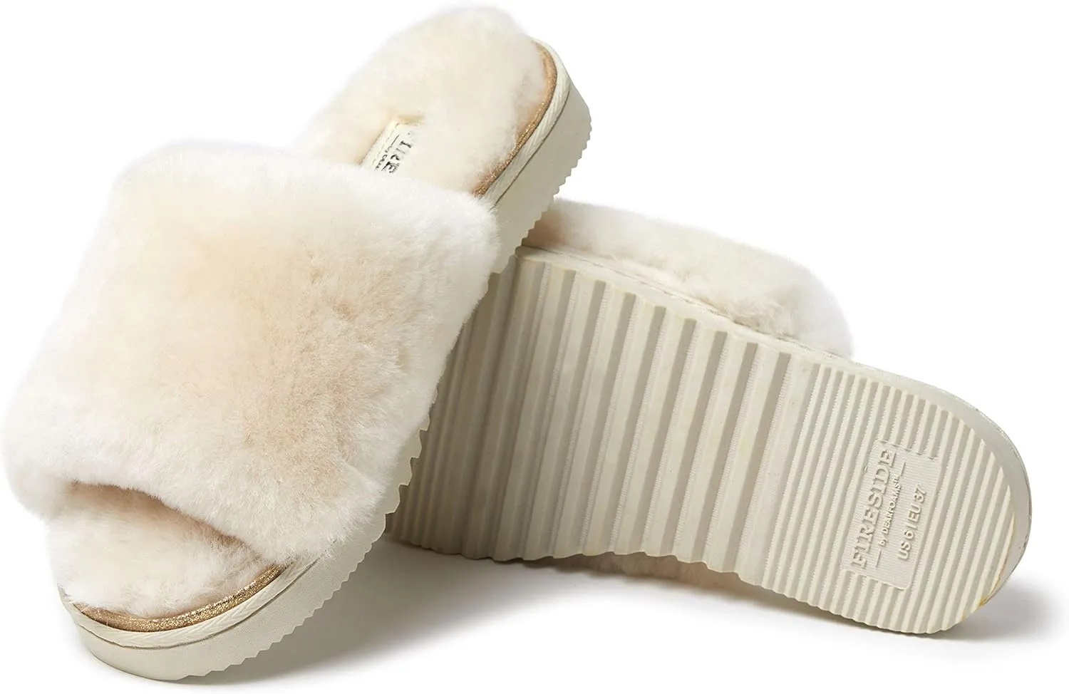 Dearfoams Women's Fireside Cairns Shearling Easy On/Off Slide Sandal Slipper