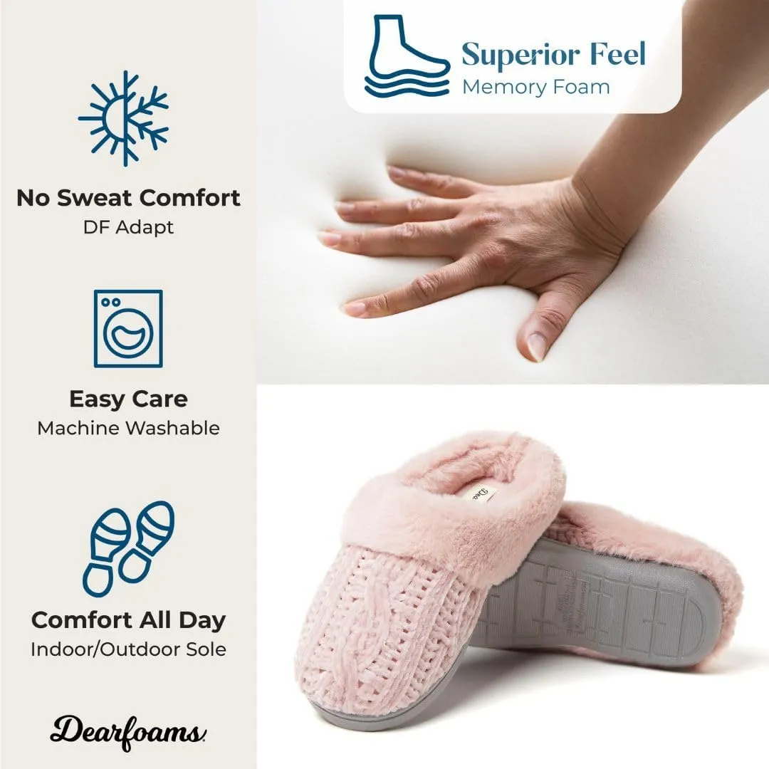 Dearfoams Women's Fuzzy Memory Foam Cable Knit Claire Clog House Slipper with Wide Widths