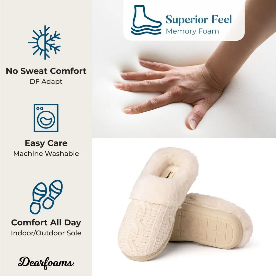Dearfoams Women's Fuzzy Memory Foam Cable Knit Claire Clog House Slipper with Wide Widths