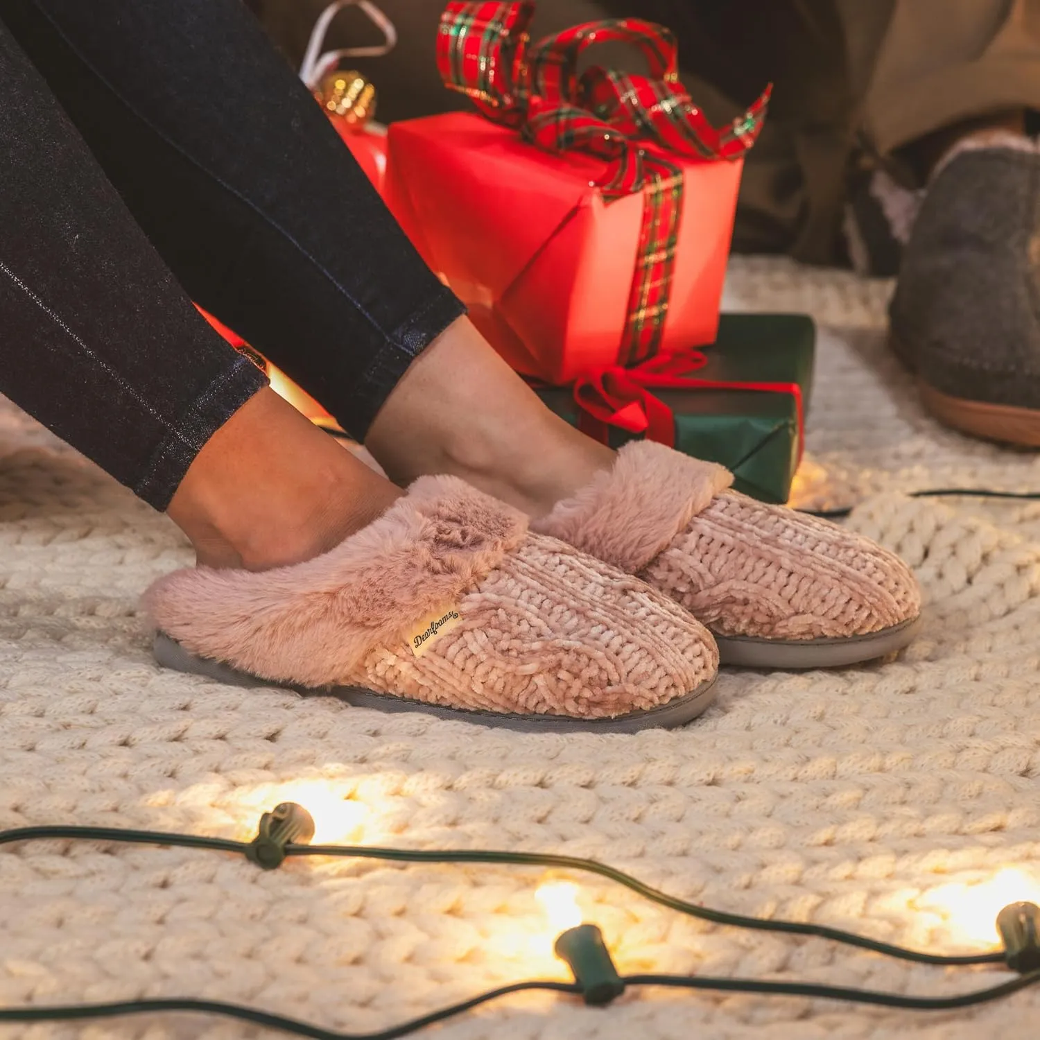 Dearfoams Women's Fuzzy Memory Foam Cable Knit Claire Clog House Slipper with Wide Widths