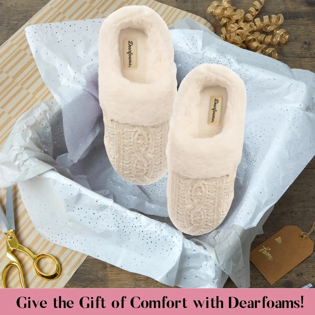 Dearfoams Women's Fuzzy Memory Foam Cable Knit Claire Clog House Slipper with Wide Widths