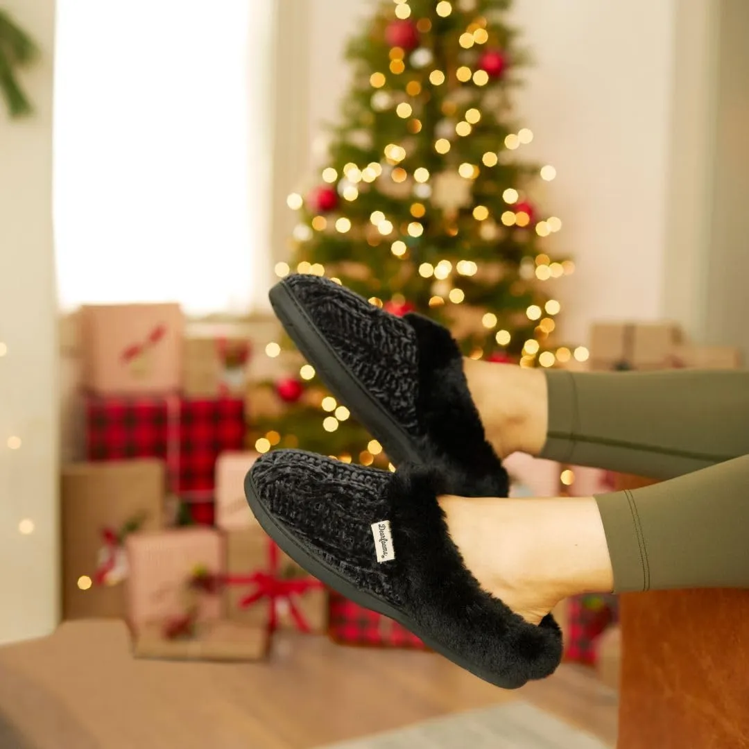 Dearfoams Women's Fuzzy Memory Foam Cable Knit Claire Clog House Slipper with Wide Widths